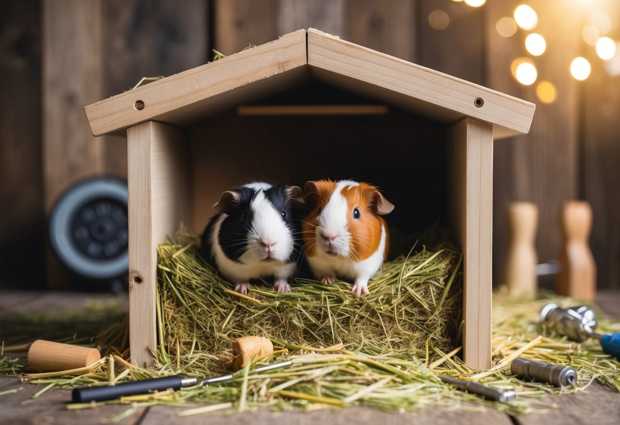 Eine gemütliche, robuste Holzstruktur, gefüllt mit speziellem Heu für Meerschweinchen, umgeben von verstreutem Heu und kleinen Werkzeugen.