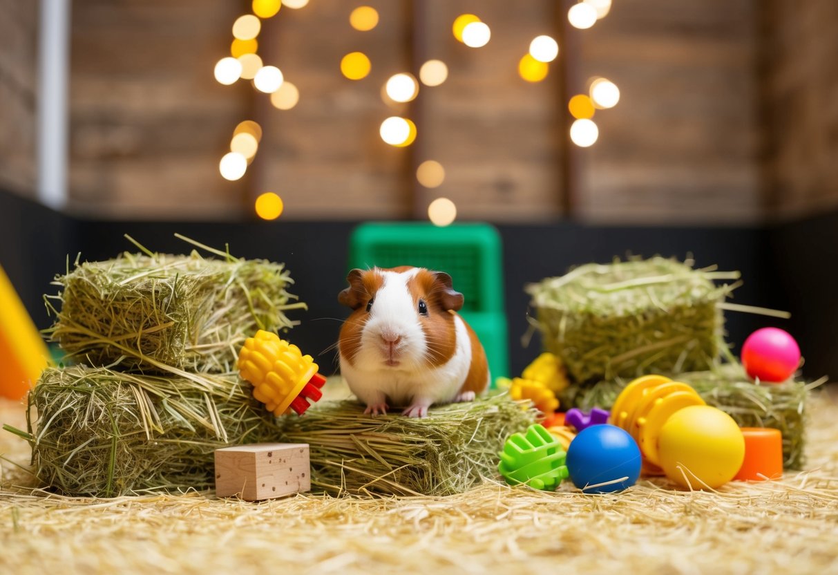 Eine Vielzahl von Heubündeln und Spielzeugen, die in einem geräumigen Gehege für Meerschweinchen angeordnet sind.