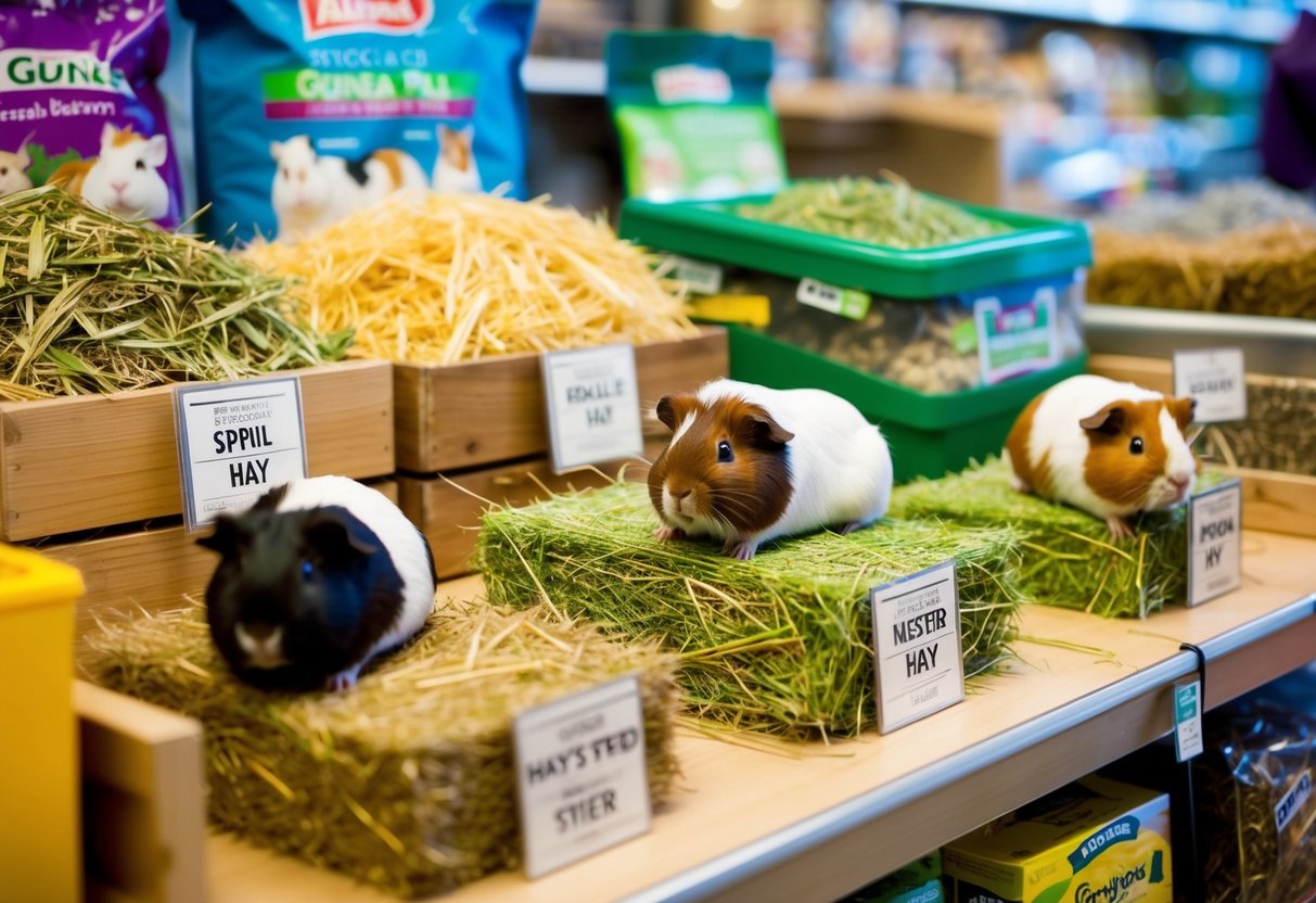 Eine Vielzahl von spezialisiertem Heu und Zubehör für Meerschweinchen in einem Zoogeschäft ausgestellt.