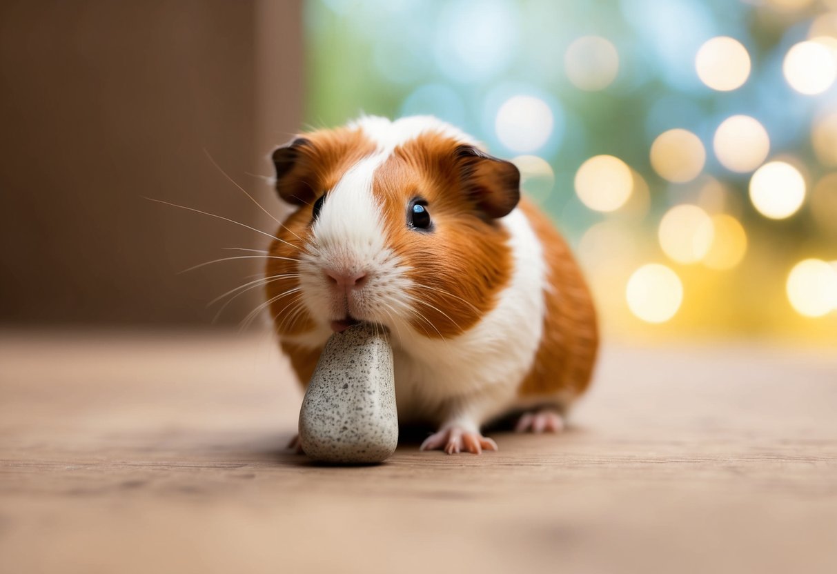 Ein Meerschweinchen knabbert an einem nagetiersicheren Kaustein, um die Zahngesundheit zu erhalten.