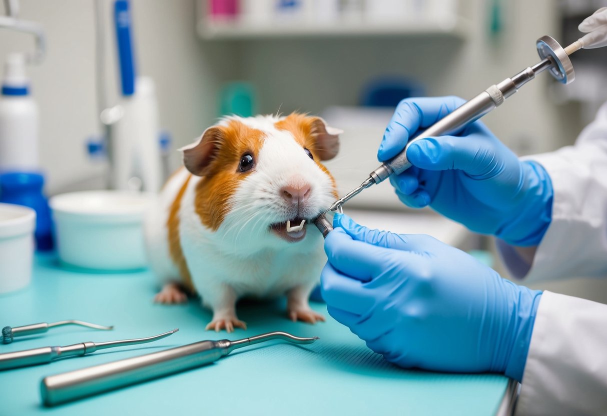 Eine professionelle Zahnbehandlung für Meerschweinchenzähne mit spezialisierten Werkzeugen und Geräten in einer Tierarztpraxis.