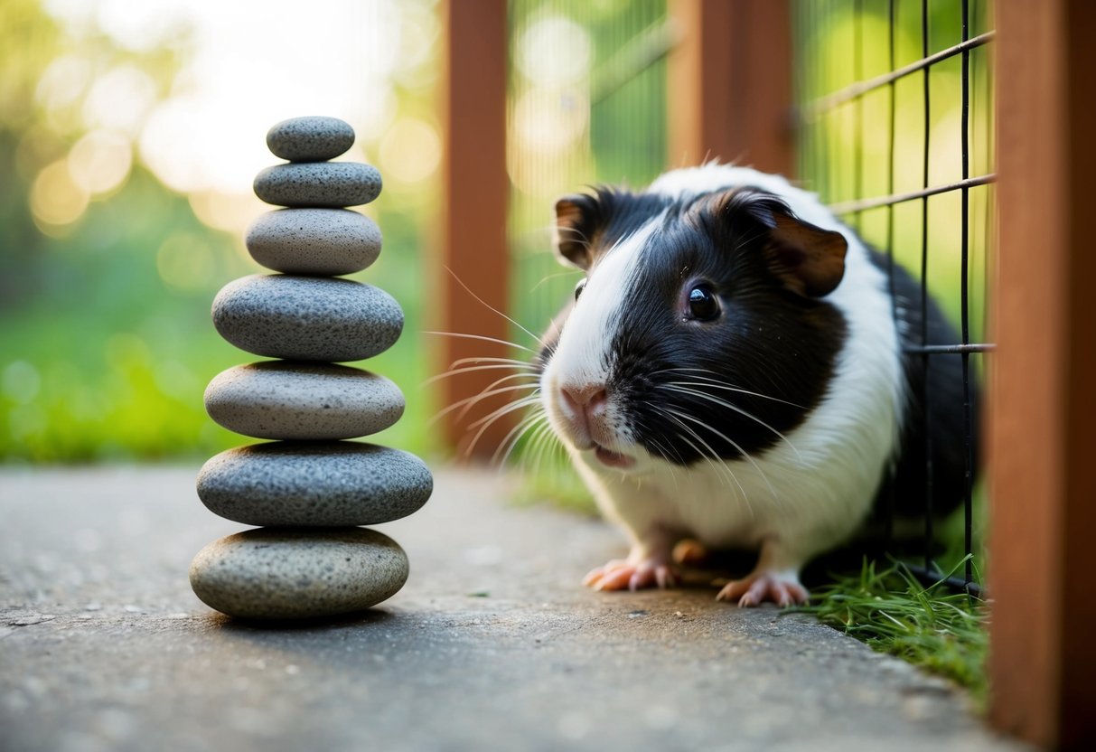 Ein kleiner Haufen nagender Steine neben einem Meerschweinchengehege