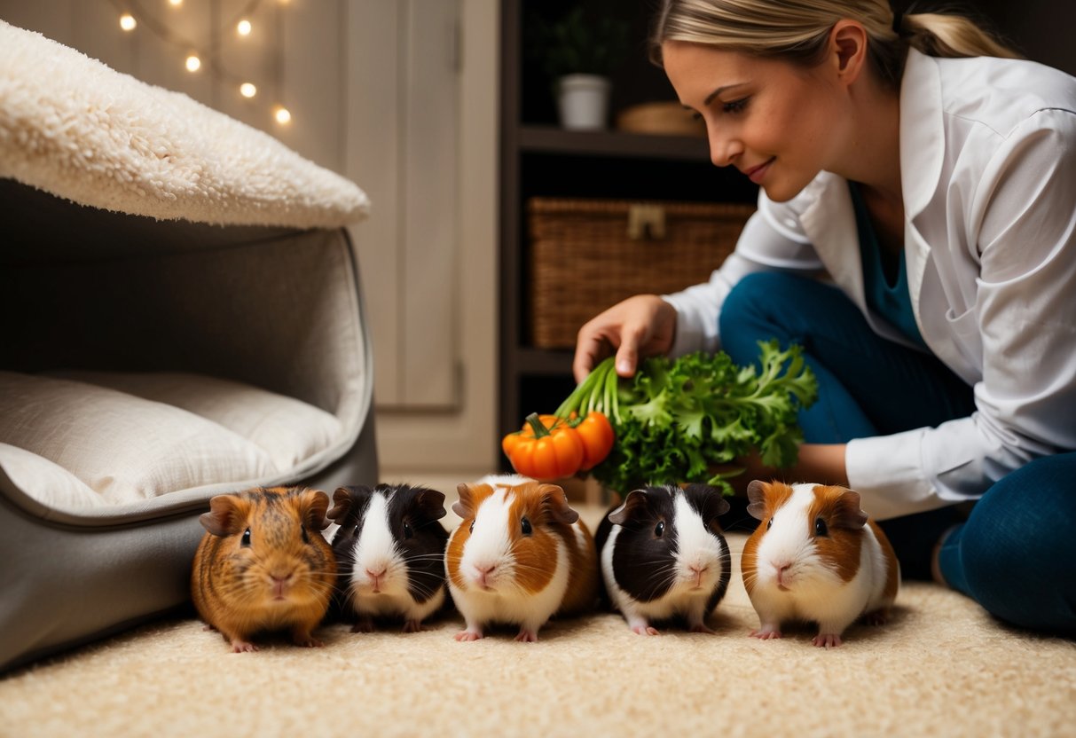 Ein gemütlicher, schwach beleuchteter Raum mit weicher Bettwäsche und Versteckmöglichkeiten. Eine ruhige, sanfte Pflegekraft bietet einer Gruppe gestresster Meerschweinchen frisches Gemüse an.