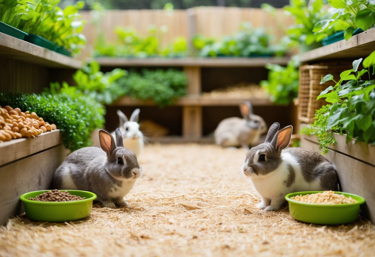 Ein geräumiger, naturalistischer Lebensraum mit viel Grün und Versteckmöglichkeiten für Kaninchen. Wasser- und Futterschalen sind mit frischen, gesunden Optionen gefüllt.