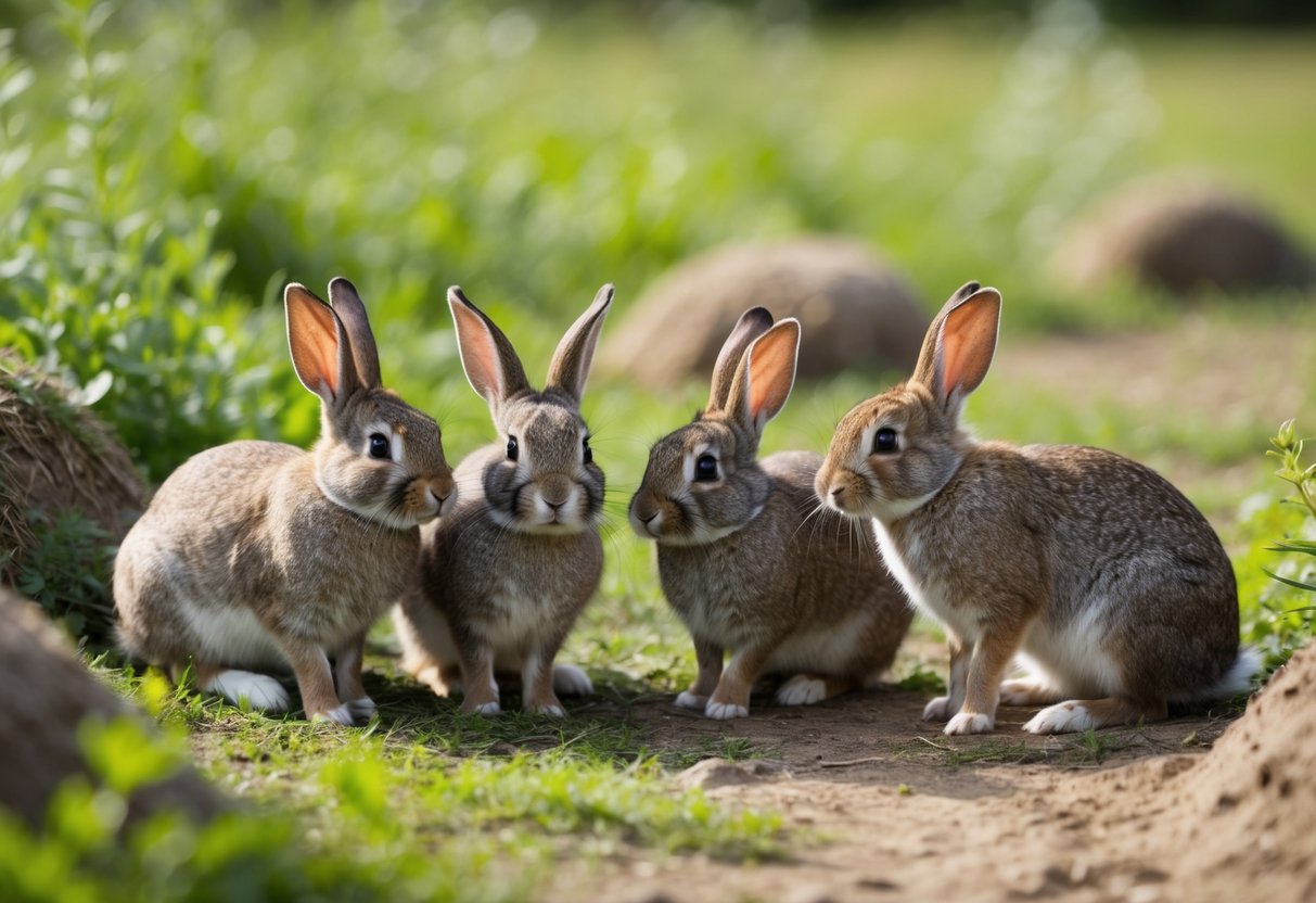 Eine Gruppe von Kaninchen, die in einer natürlichen, großzügigen Umgebung mit viel Grün und Höhlen zum Sozialisieren und Suchen interagiert.