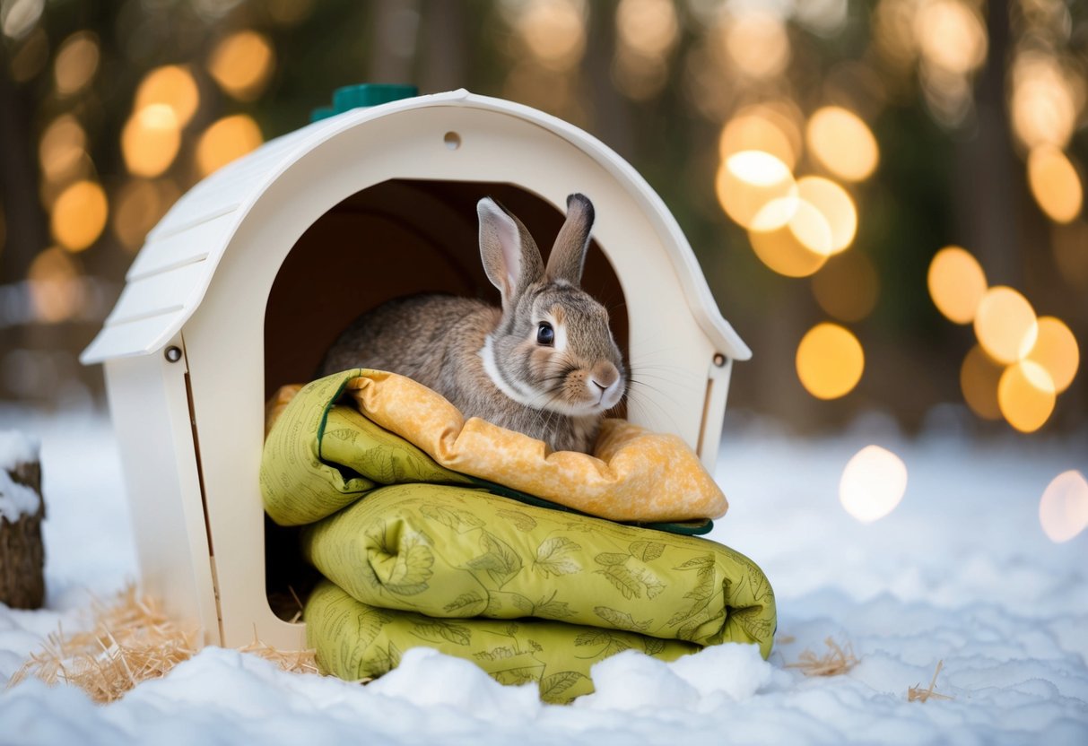 Der Illustrator zeigt einen Kaninchenstall, der für den Winter mit frischem Einstreu und Isolierung vorbereitet wird.