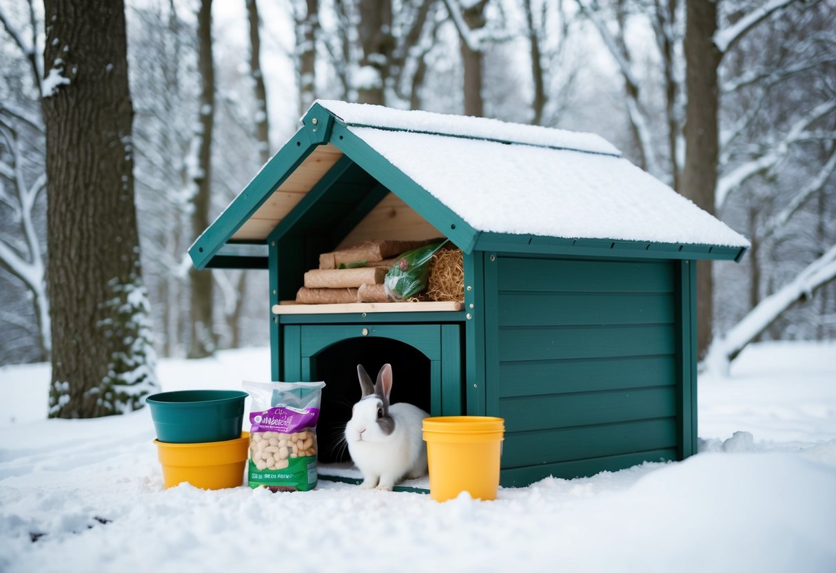 Der Kaninchenstall wird für den Winter mit Futter- und Wasserversorgung vorbereitet, umgeben von schneebedeckten Bäumen und einem gemütlichen Unterschlupf.