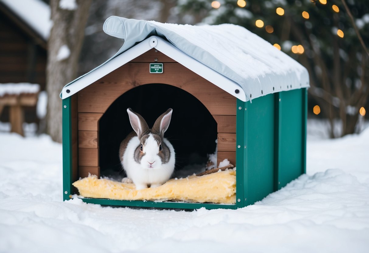 Ein Kaninchenstall wird winterfest gemacht, mit zusätzlicher Isolierung und einer schützenden Abdeckung oben, um vor Schnee und kaltem Wetter zu schützen.