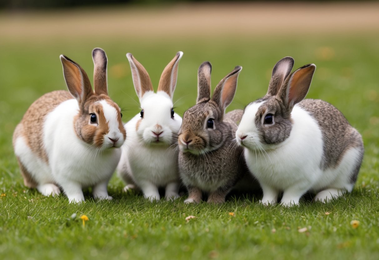 Eine Gruppe von Kaninchen verschiedener Rassen, die in einem grasbewachsenen Feld interagieren und spielen.