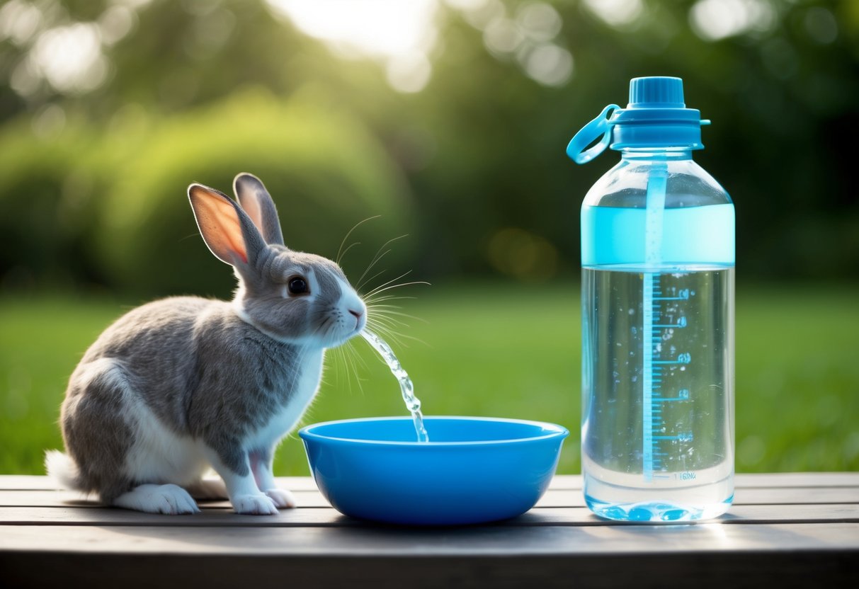 Ein Vergleich zwischen einer Kaninchen-Trinkflasche und einer Wasserschüssel, beide mit Wasser gefüllt und nebeneinander platziert.