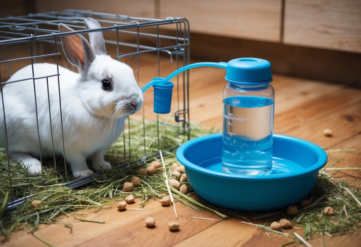 Eine Kaninchen-Trinkflasche und eine Wasserschüssel stehen auf einem Holzboden, umgeben von Heu und ein paar verstreuten Pellets. Die Flasche ist an einem Drahtkäfig befestigt, während die Schüssel auf dem Boden steht.