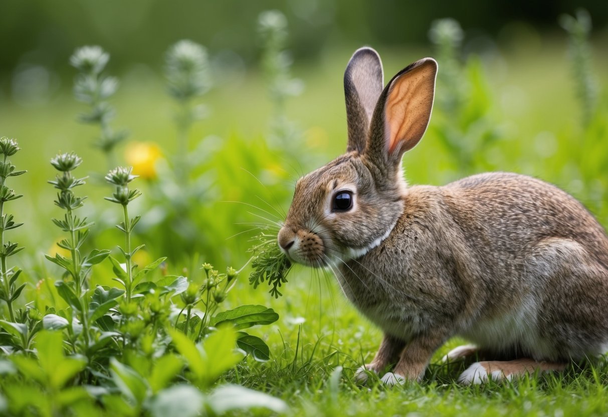 Ein Kaninchen, das in einer üppigen Wiese nach wilden Kräutern und Pflanzen sucht.