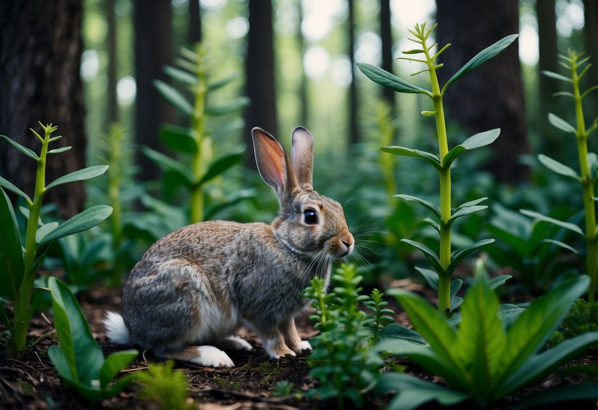 Ein Kaninchen schnüffelt vorsichtig an verschiedenen Pflanzen in einem dichten Wald, während bedrohlich aussehende giftige Pflanzen im Hintergrund lauern.