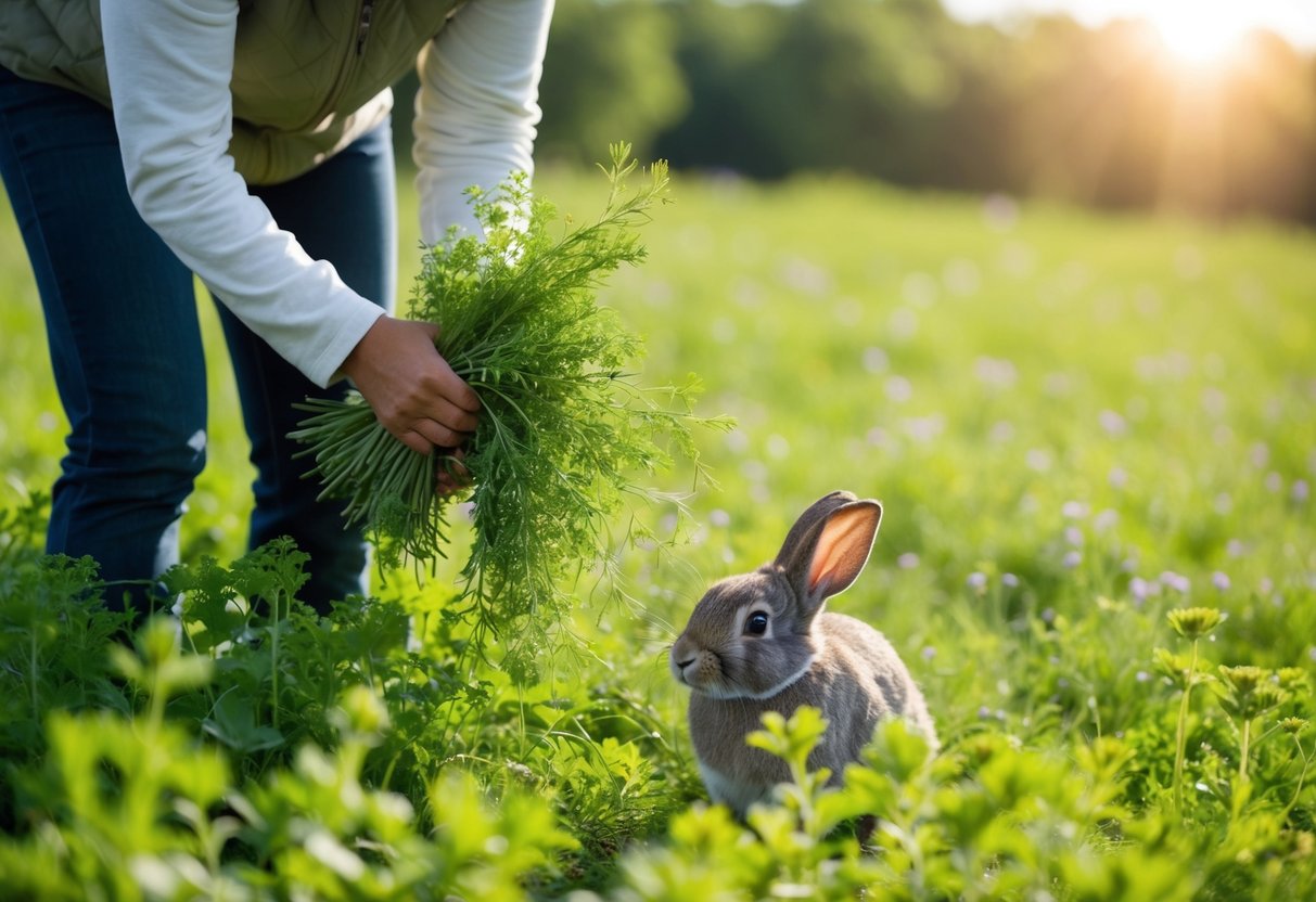 Eine Person, die wilde Kräuter für Kaninchenfutter auf einer üppigen, sonnendurchfluteten Wiese sammelt.