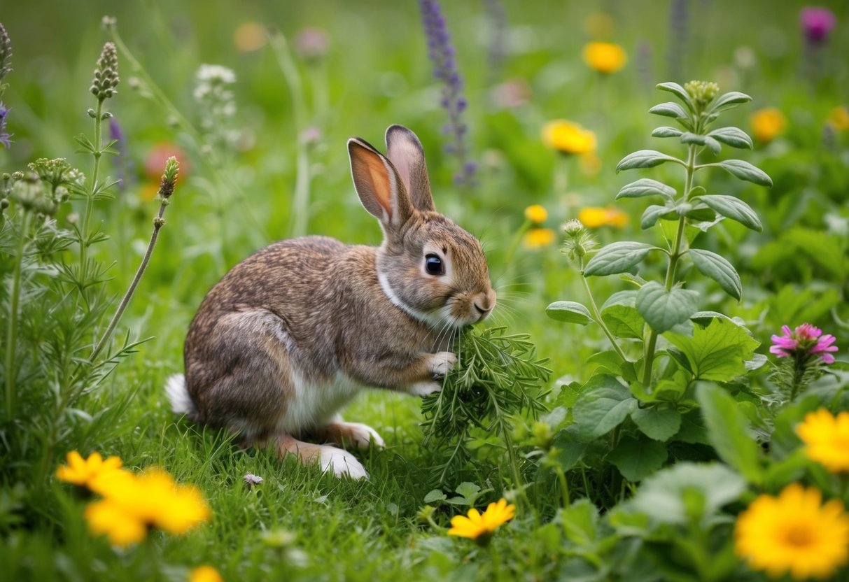 Ein Kaninchen, das in einer üppigen Wiese nach wilden Kräutern sucht, umgeben von verschiedenen Pflanzen und Blumen.