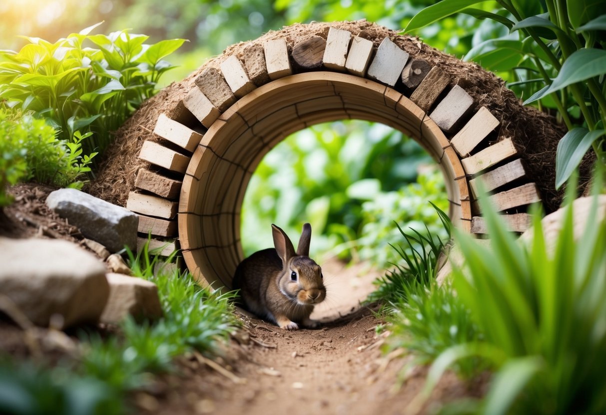 Ein Kaninchenbau, der sich durch einen üppigen Garten schlängelt, aus natürlichen Materialien wie Erde, Steinen und Pflanzen, mit einem gemütlichen Bau am Ende.