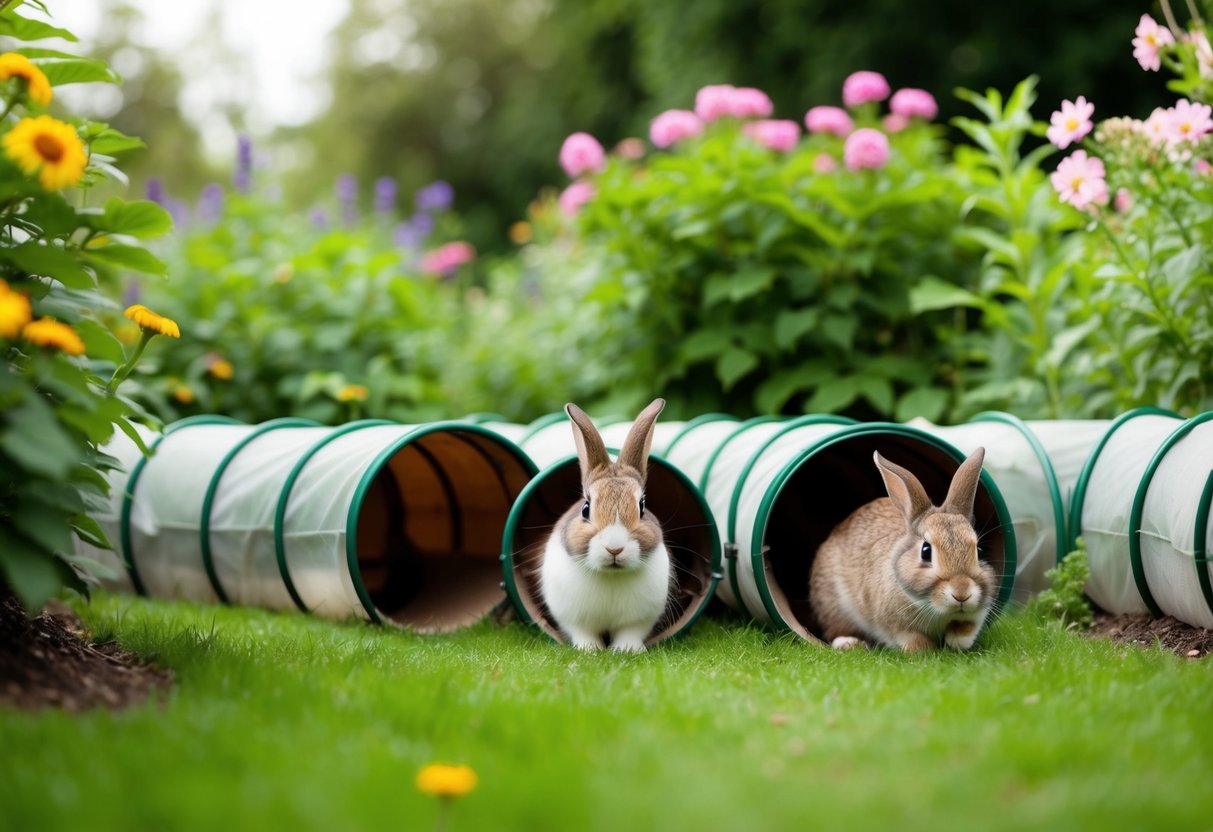 Ein Kaninchen-Tunnelsystem in einem Garten, mit mehreren miteinander verbundenen Tunneln und Eingängen, umgeben von üppigem Grün und Blumen.