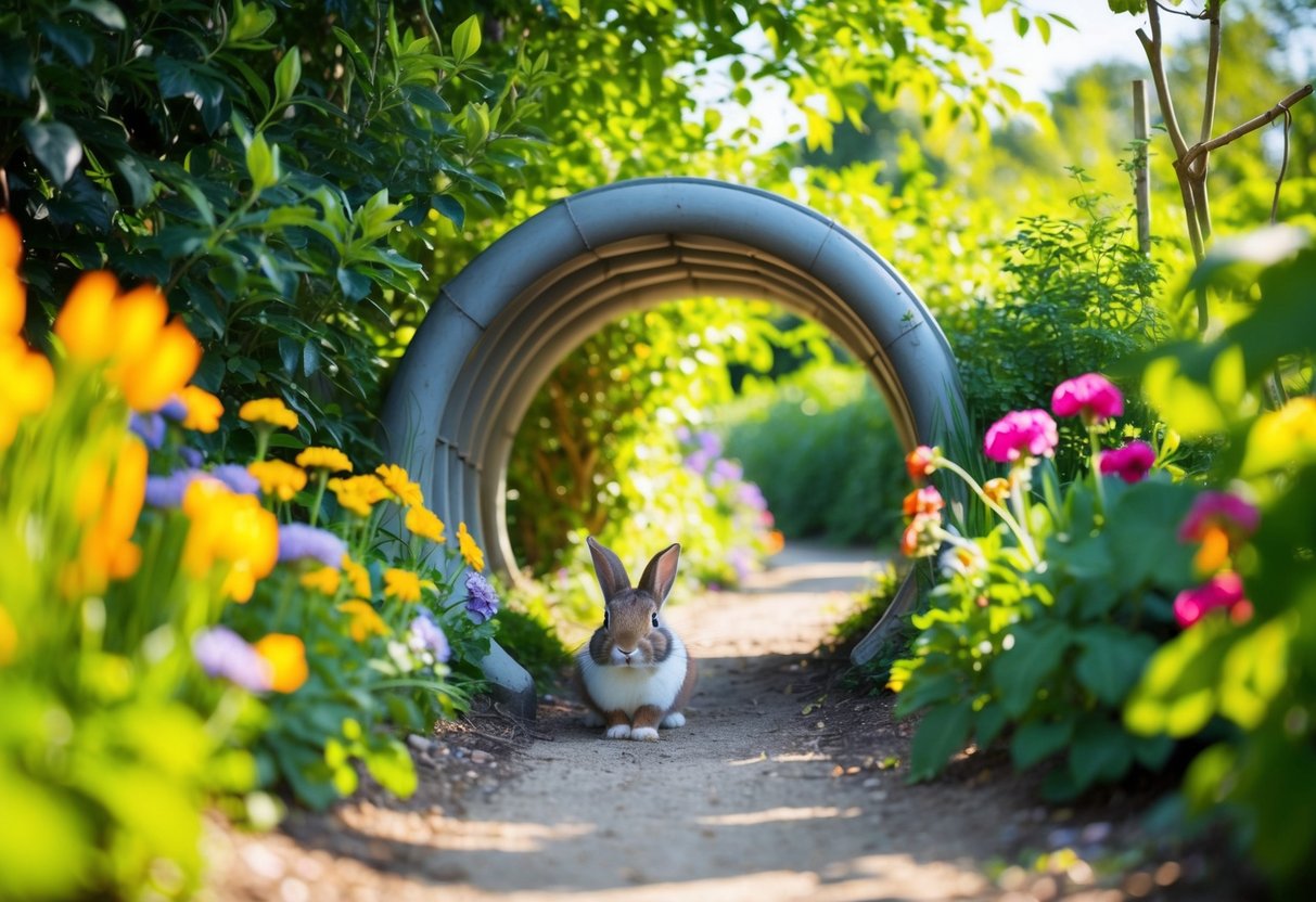 Ein Kaninchentunnel, der sich durch einen üppigen Garten schlängelt, umgeben von bunten Blumen und Grünpflanzen. Sonnenlicht filtert durch die Blätter und wirft gesprenkelte Schatten auf den Boden.