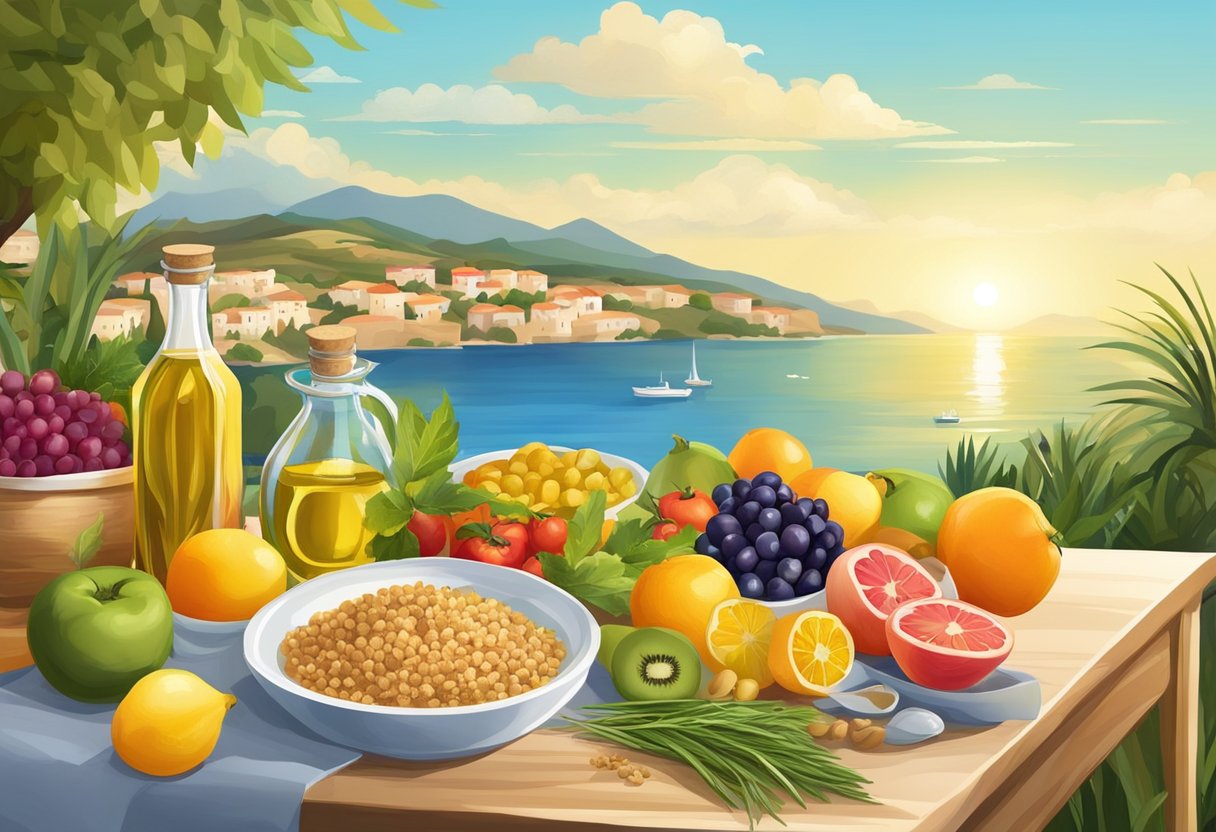 A table set with colorful fruits, vegetables, olive oil, fish, and whole grains, surrounded by a sunny Mediterranean landscape