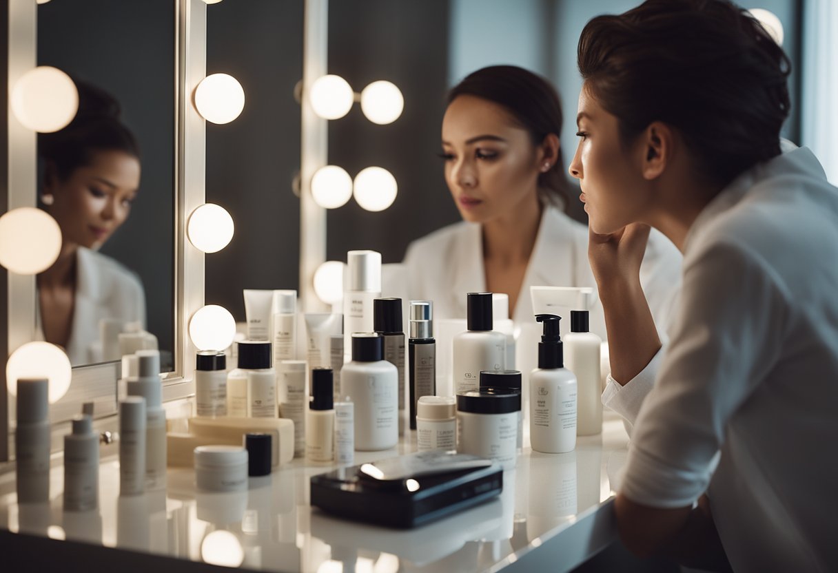 A table filled with expired or empty skincare products, next to a frustrated person staring at their reflection in a mirror