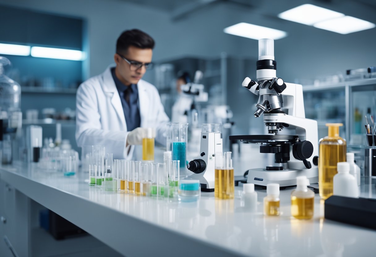 A laboratory table with various skincare products and high-tech equipment, surrounded by scientists conducting experiments and analyzing data