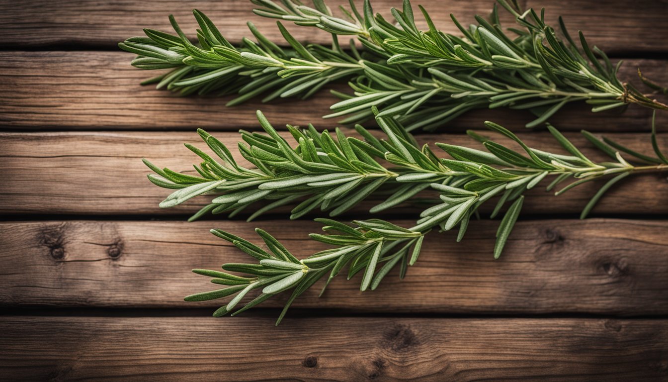 Fresh rosemary sprigs on rustic wood, vibrant green with needle-like leaves