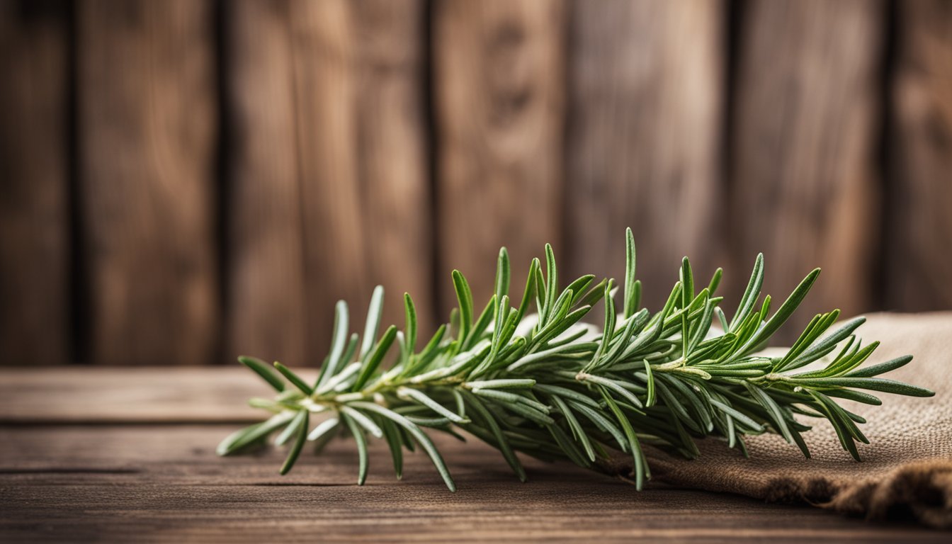 Fresh rosemary sprigs on rustic wood, vibrant green and needle-like