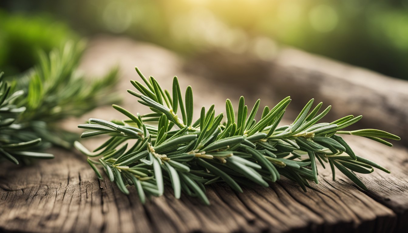 Fresh rosemary sprigs on rustic wood, vibrant green and needle-like