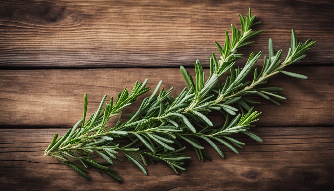 Fresh rosemary sprigs on rustic wood, vibrant green and needle-like