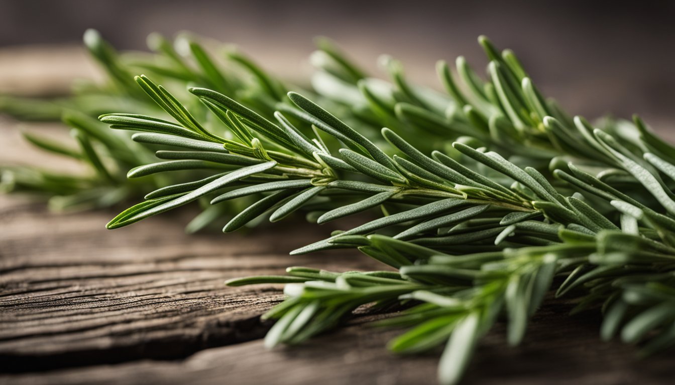 Fresh rosemary sprigs on rustic wood, vibrant green and needle-like