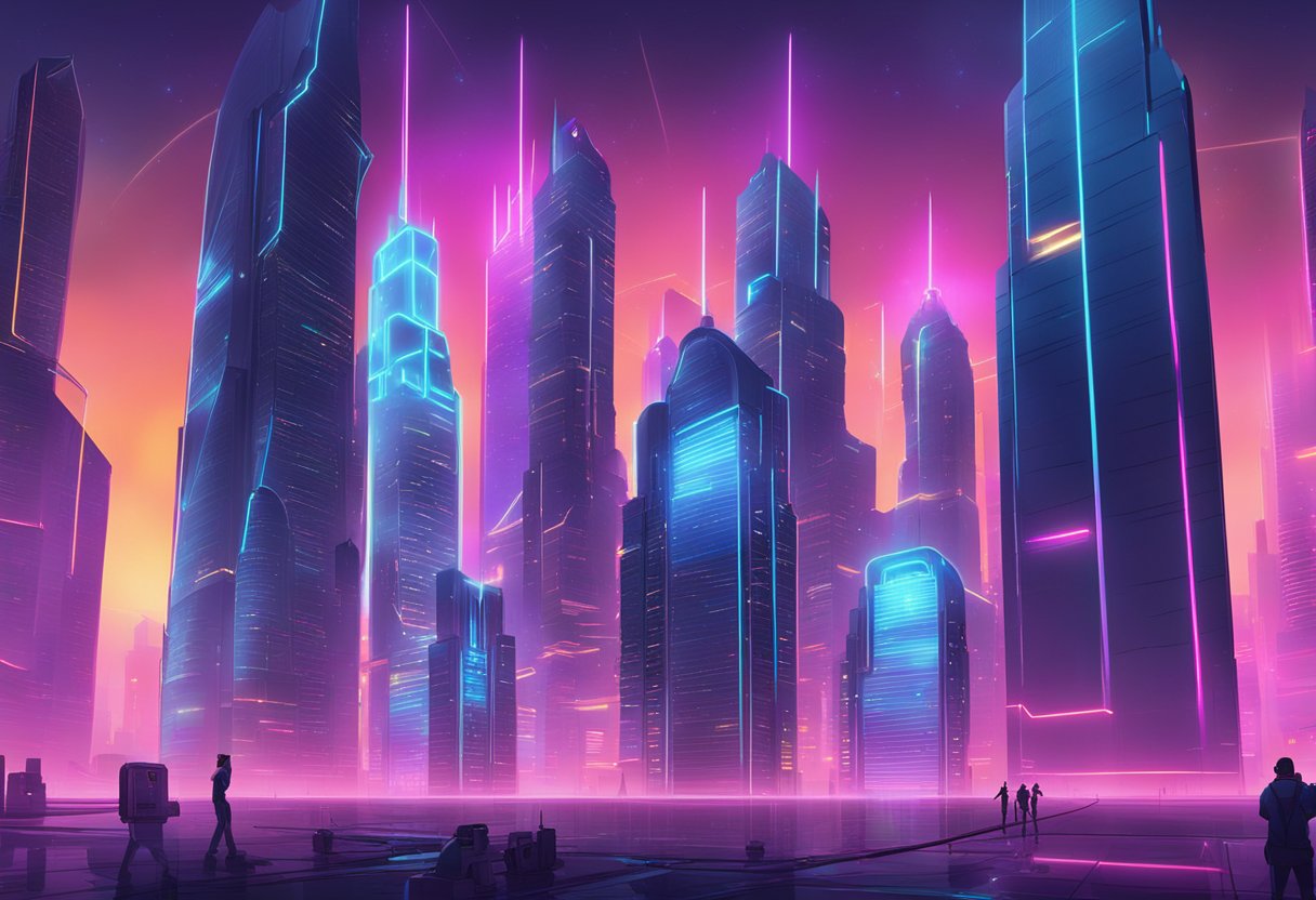 A futuristic cityscape with towering skyscrapers and neon lights, showcasing virtual reality gaming experiences