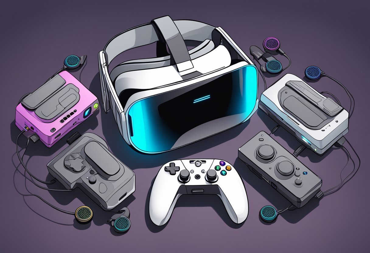 A futuristic gaming console surrounded by virtual reality headsets and game controllers