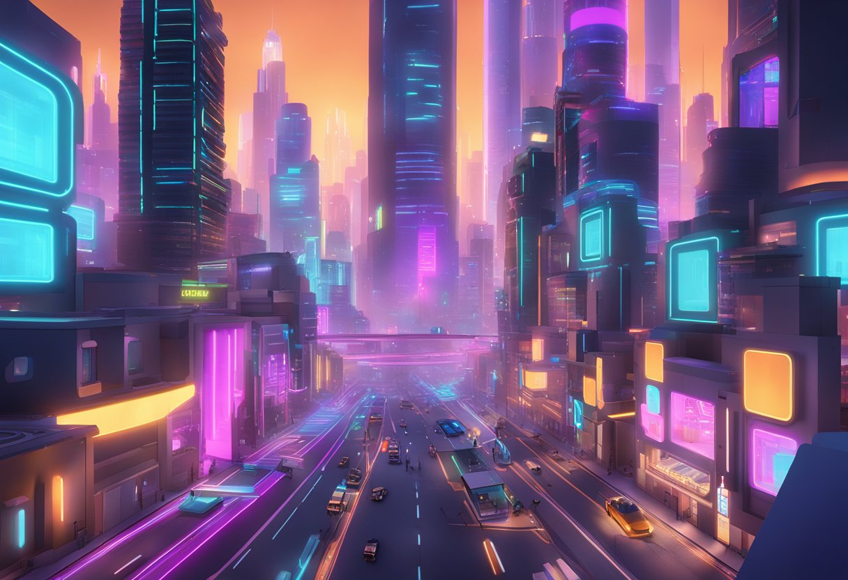 A futuristic virtual world with towering skyscrapers and neon-lit streets, showcasing the top 5 Roblox adventures of 2024