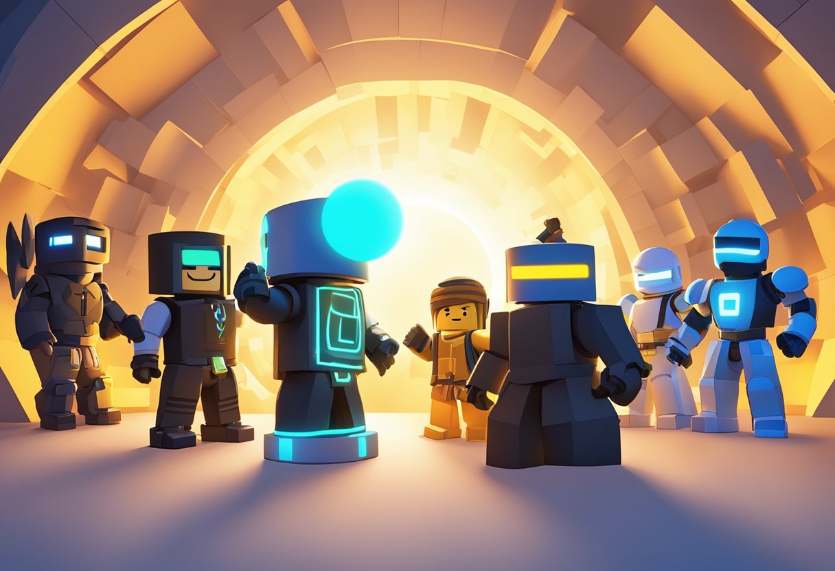 A diverse group of Roblox avatars gather around a glowing portal, ready to embark on exciting virtual adventures