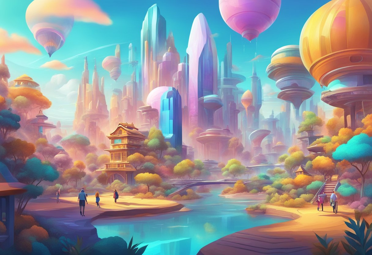 A colorful virtual world with futuristic landscapes and characters engaged in exciting adventures