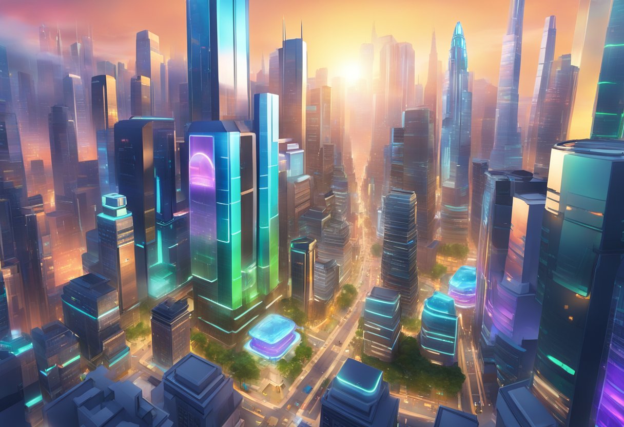 A futuristic cityscape with towering skyscrapers, holographic billboards, and sleek, high-tech security systems protecting the virtual world of Roblox adventures