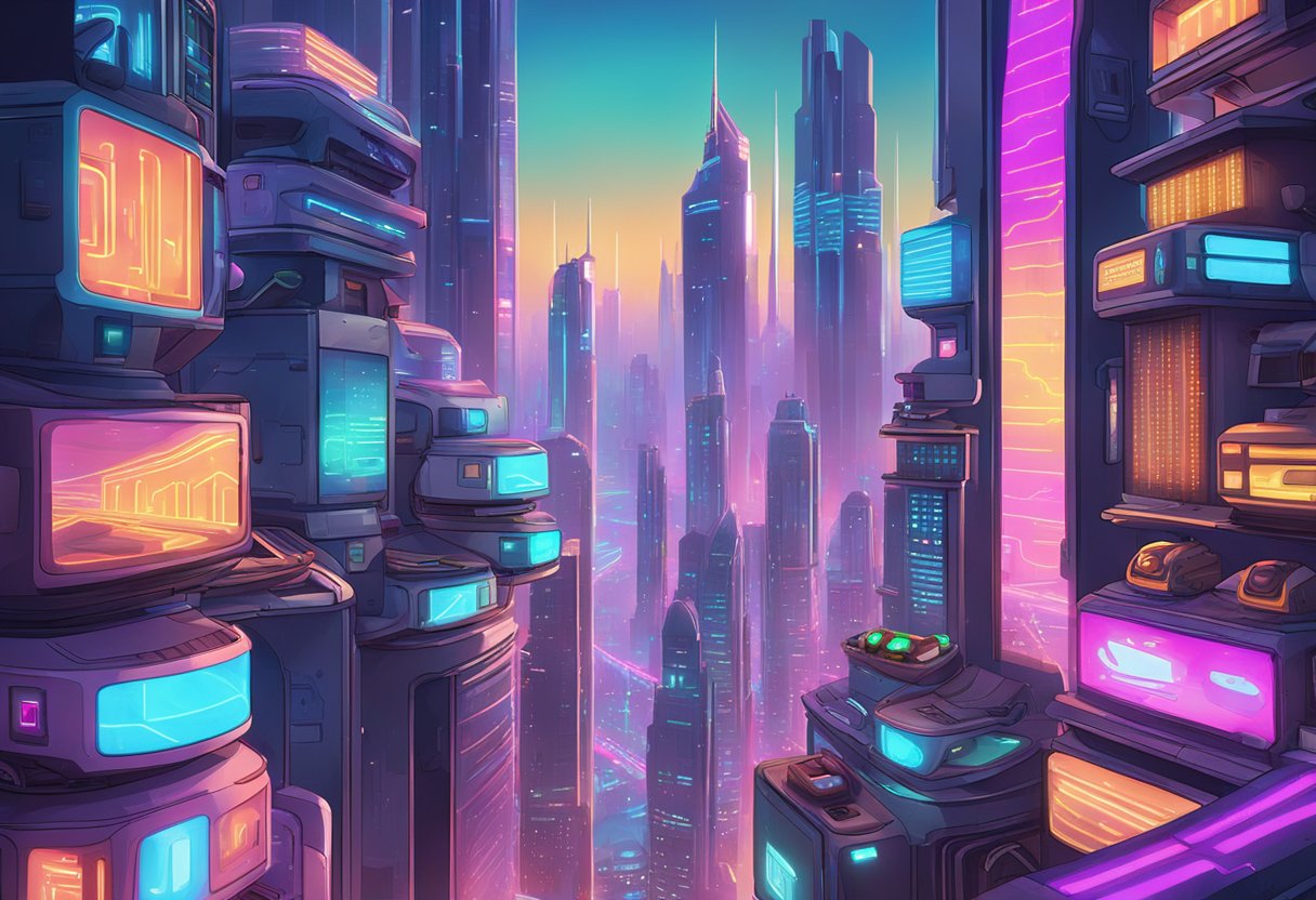 A futuristic cityscape with towering skyscrapers and neon signs, featuring virtual reality headsets and gaming consoles