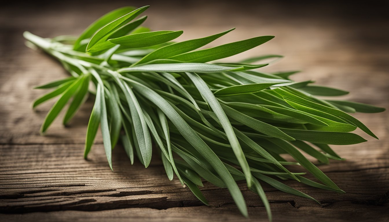 Fresh French tarragon leaves, slender and green, lay on rustic wood, exuding a fragrant aroma