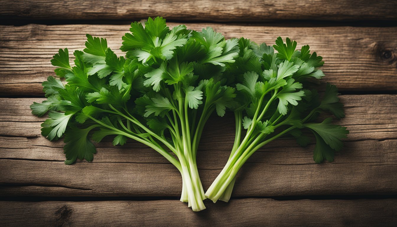 Fresh parsley leaves on rustic wood, vibrant green and textured