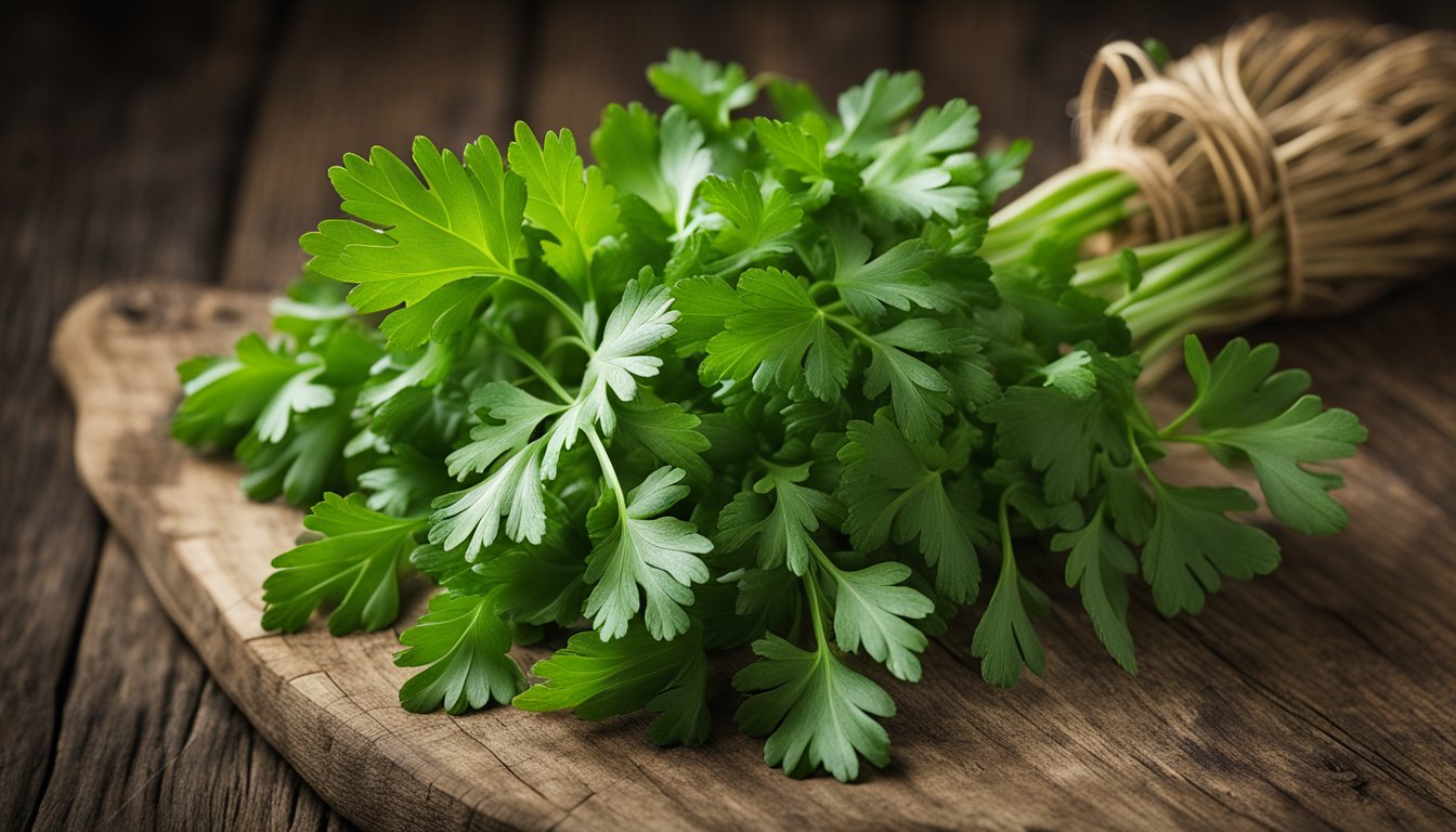 Fresh parsley leaves on rustic wood, vivid green and textured in macro shot