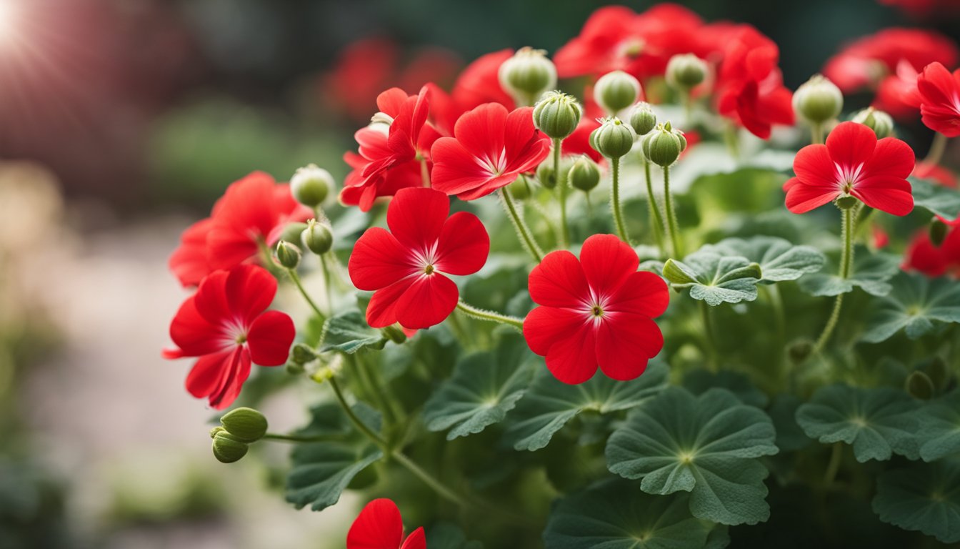 Bright red geranium flowers in full bloom, vibrant and delicate