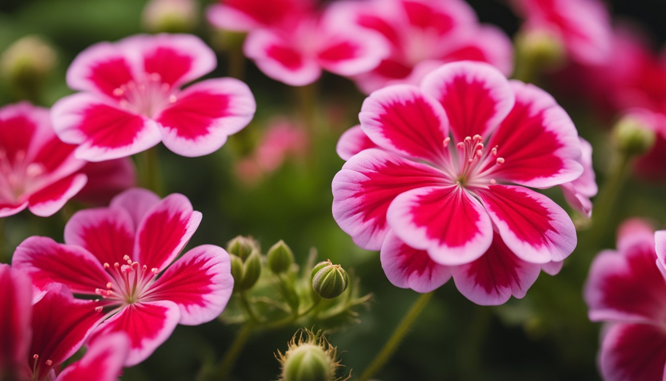 Bright red geranium flowers in full bloom, showcasing their vibrant color and delicate petals in a detailed macro shot