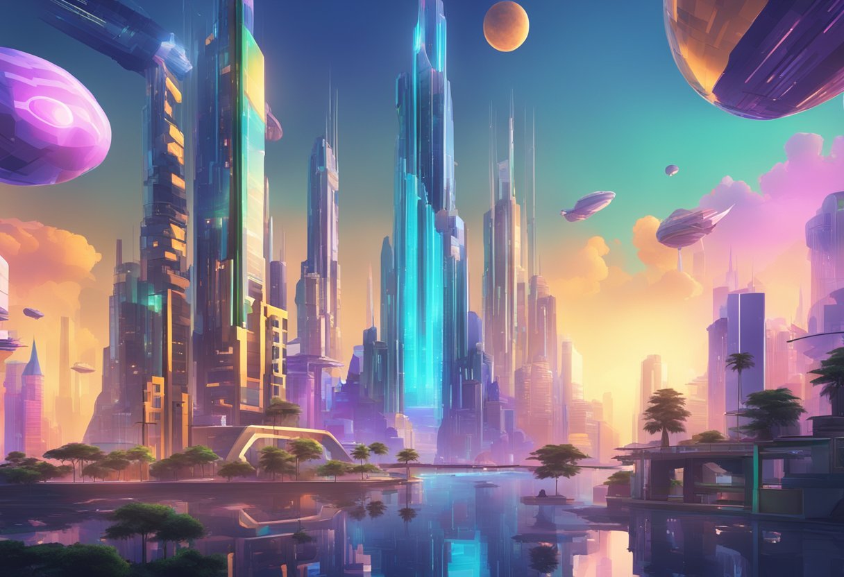 A futuristic cityscape with towering virtual structures and vibrant digital landscapes in Roblox 2024