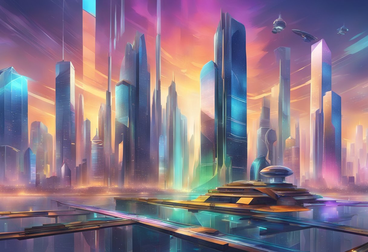 A futuristic cityscape with towering skyscrapers and floating platforms, filled with vibrant colors and advanced technology