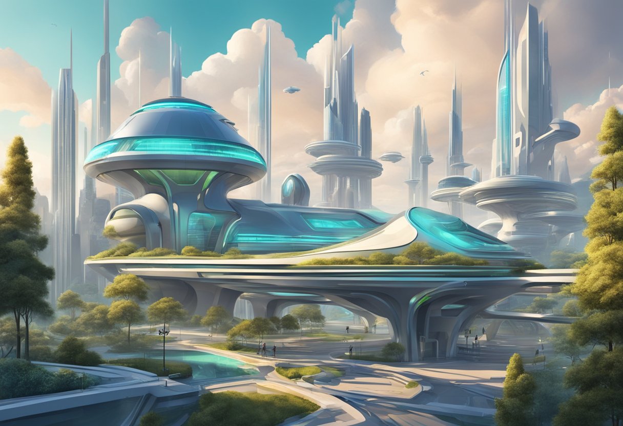 A futuristic virtual world with advanced technology and architectural wonders