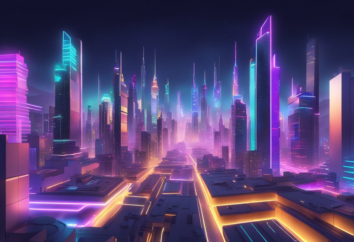 A futuristic virtual cityscape with towering skyscrapers and colorful neon lights, showcasing advanced technology and innovation in Roblox 2024