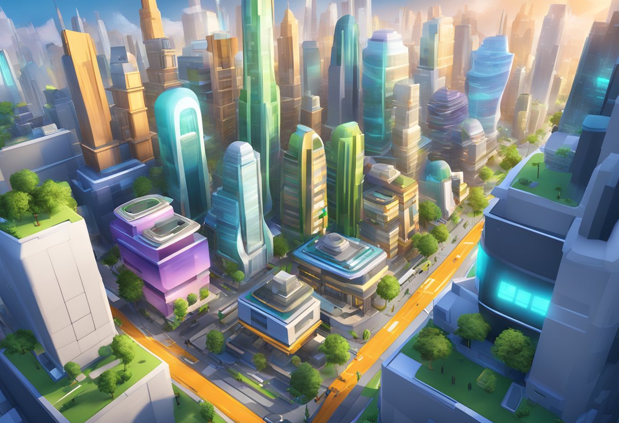 A futuristic virtual city in Roblox, featuring towering skyscrapers, flying vehicles, and vibrant digital landscapes