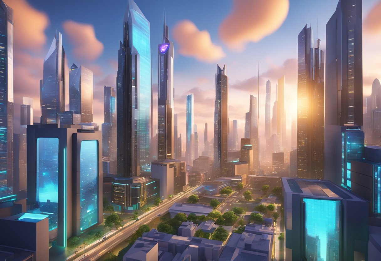 A futuristic cityscape with sleek, towering buildings and vibrant digital displays, showcasing advanced technology and virtual reality experiences in Roblox 2024