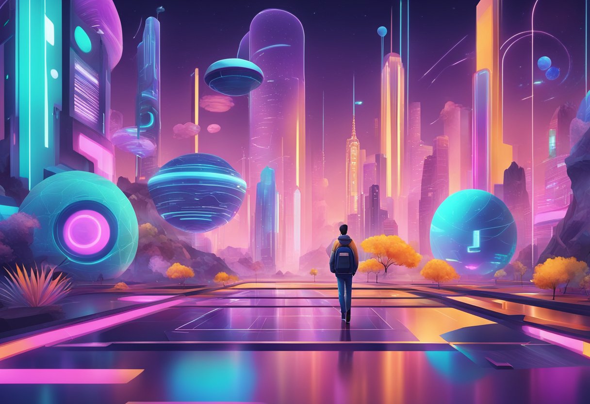 A futuristic virtual world with advanced social features, vibrant colors, and interactive elements