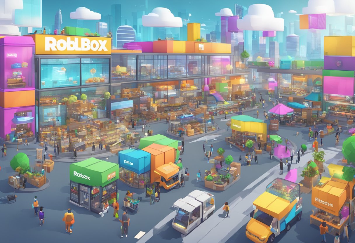 A bustling virtual marketplace with diverse avatars trading digital goods and services in a futuristic Roblox world